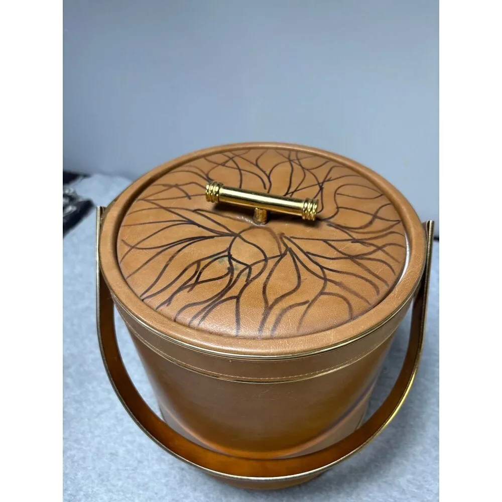 Vintage Faux Leather & Gold Ice Bucket with Handle & Lid Floral Design Top Mid-C